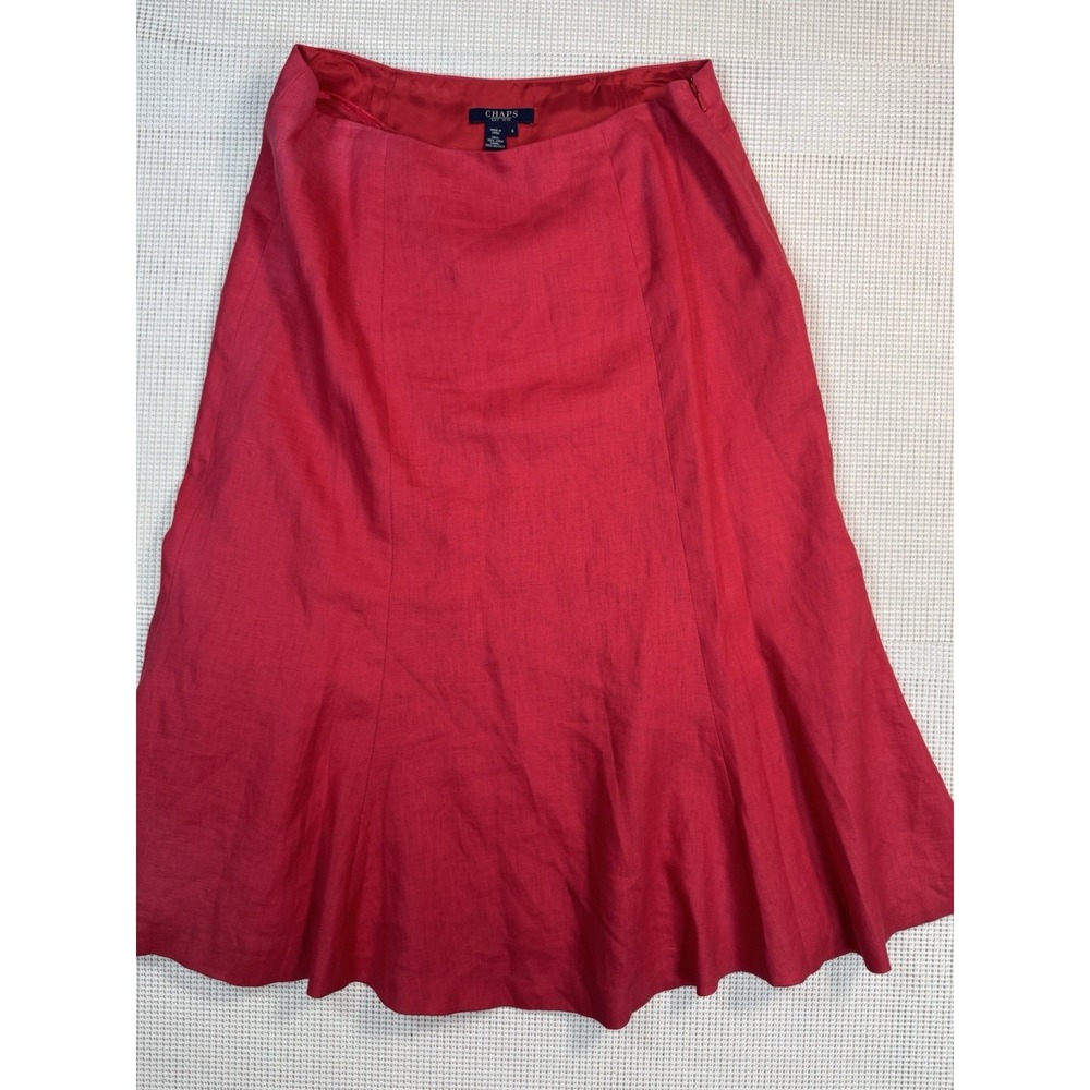 Chaps Linen Skirt Womens 6 Red A-Line Flowy Midi Casual Summer Skirt
